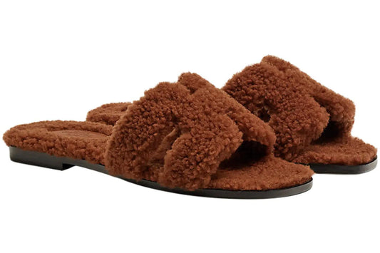 HERMES Woolskin Oran Sandals Cognac - UN ATELIER