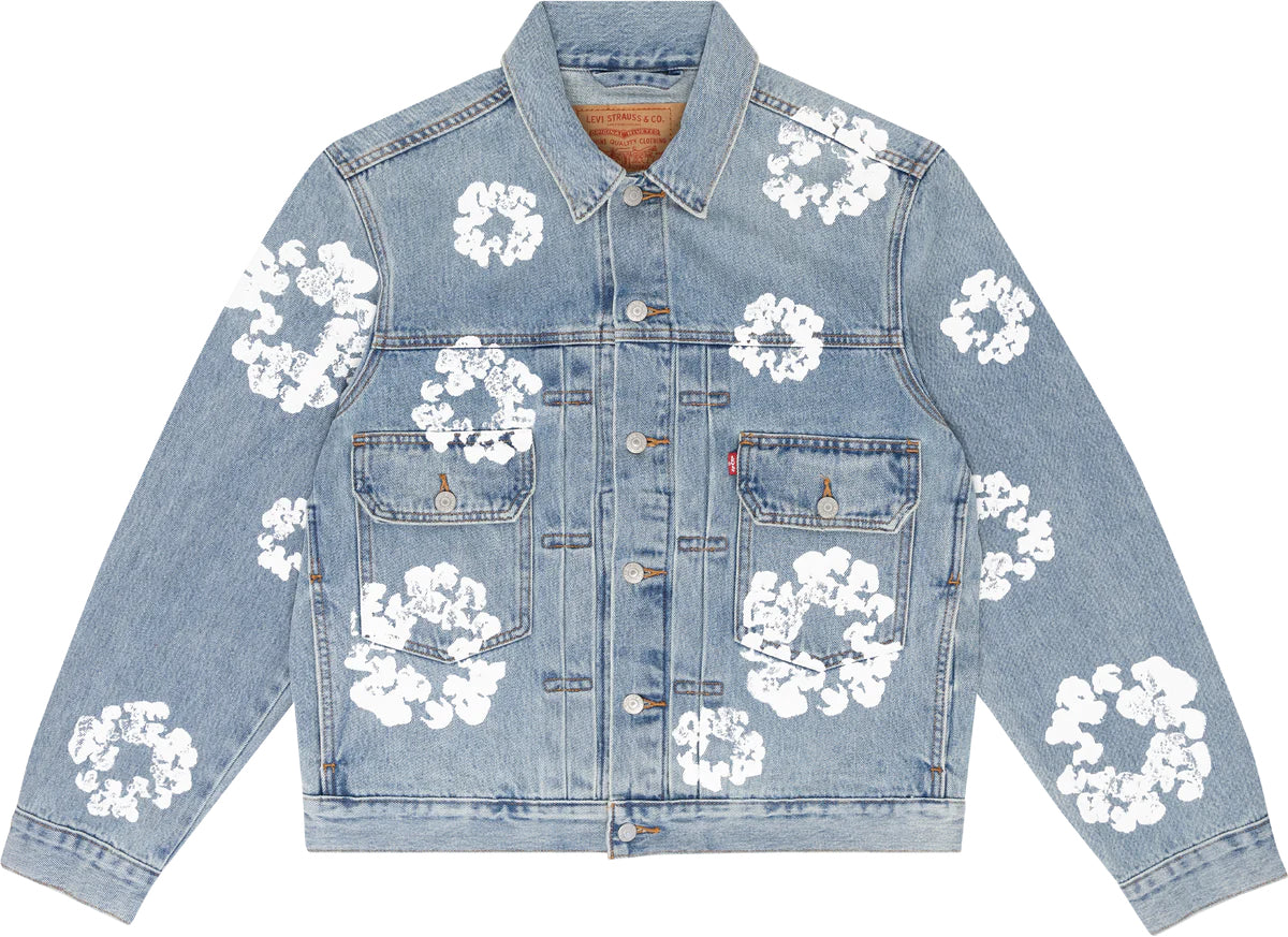 Denim Tears Type II Trucker Jacket ALL OVER WREATH LIGHT WASH