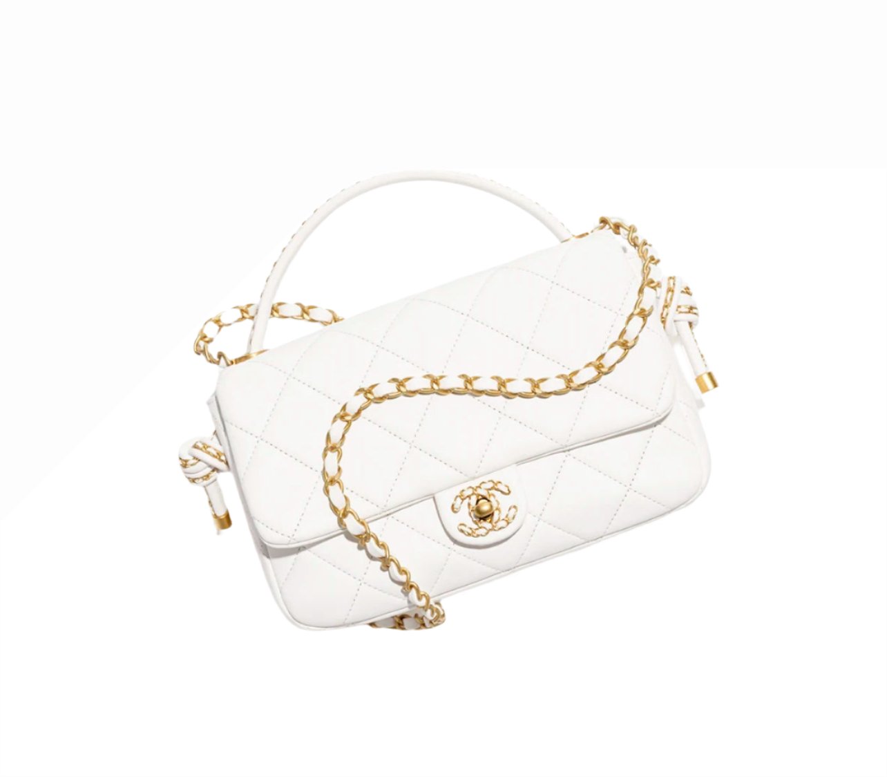 Chanel Top Handle Flap Bag Lambskin & Gold Metal White