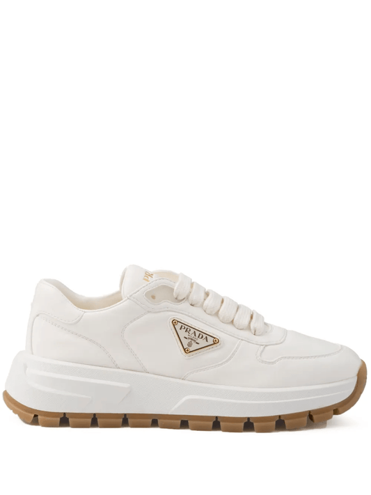 Prada triangle-logo plaque white gold leather sneakers