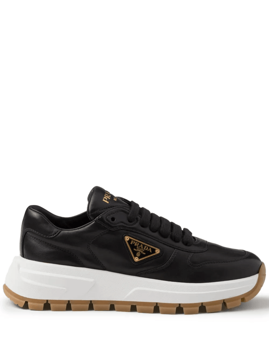 Prada triangle-logo plaque black gold leather sneakers