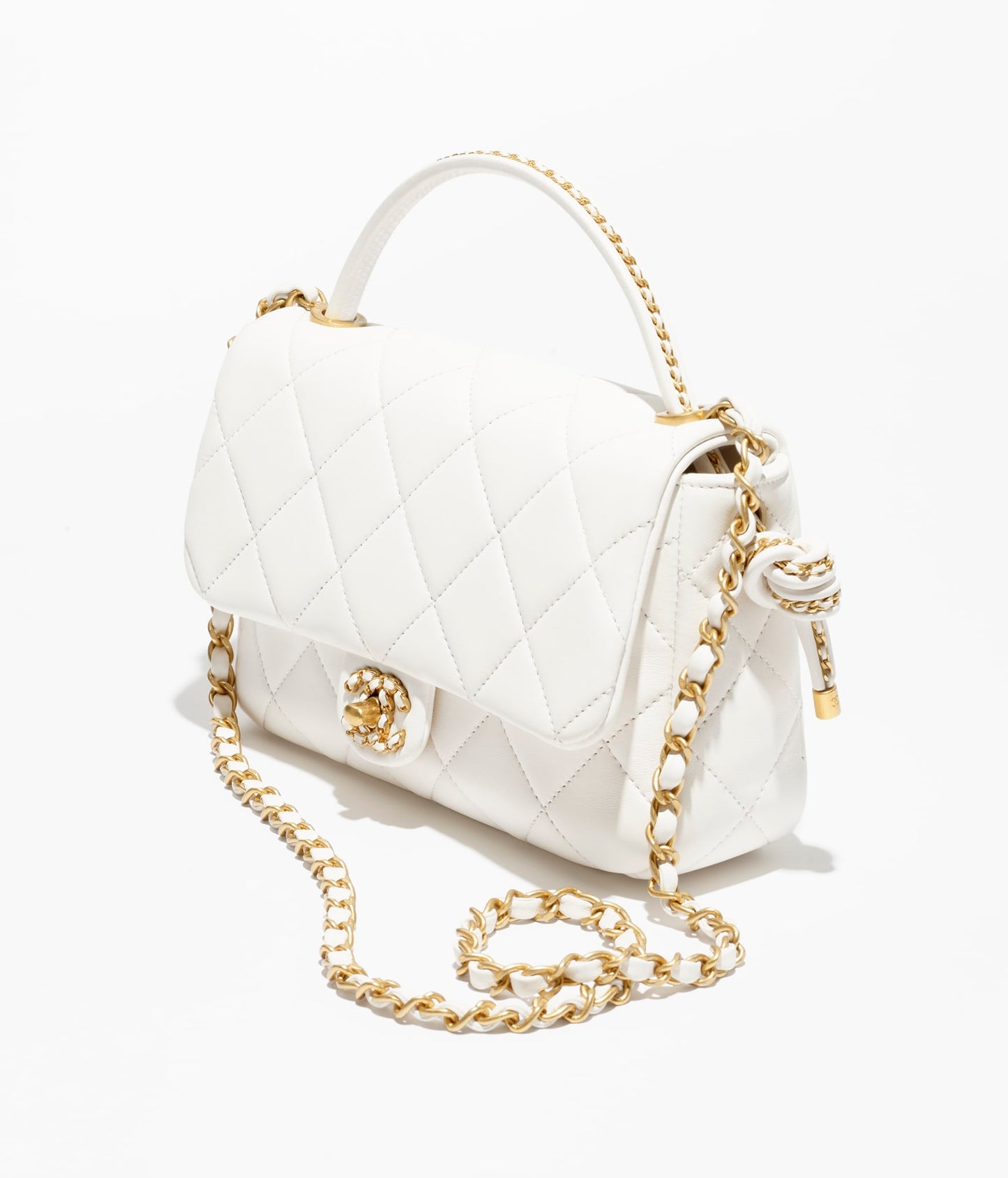 Chanel Top Handle Flap Bag Lambskin & Gold Metal White