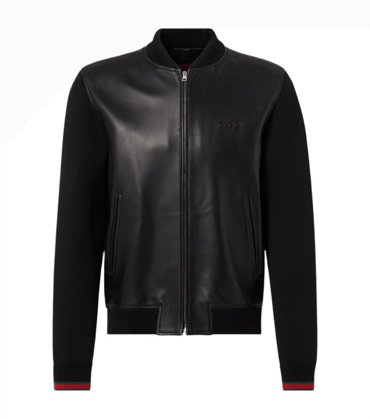 Gucci Web Stripe leather bomber jacket