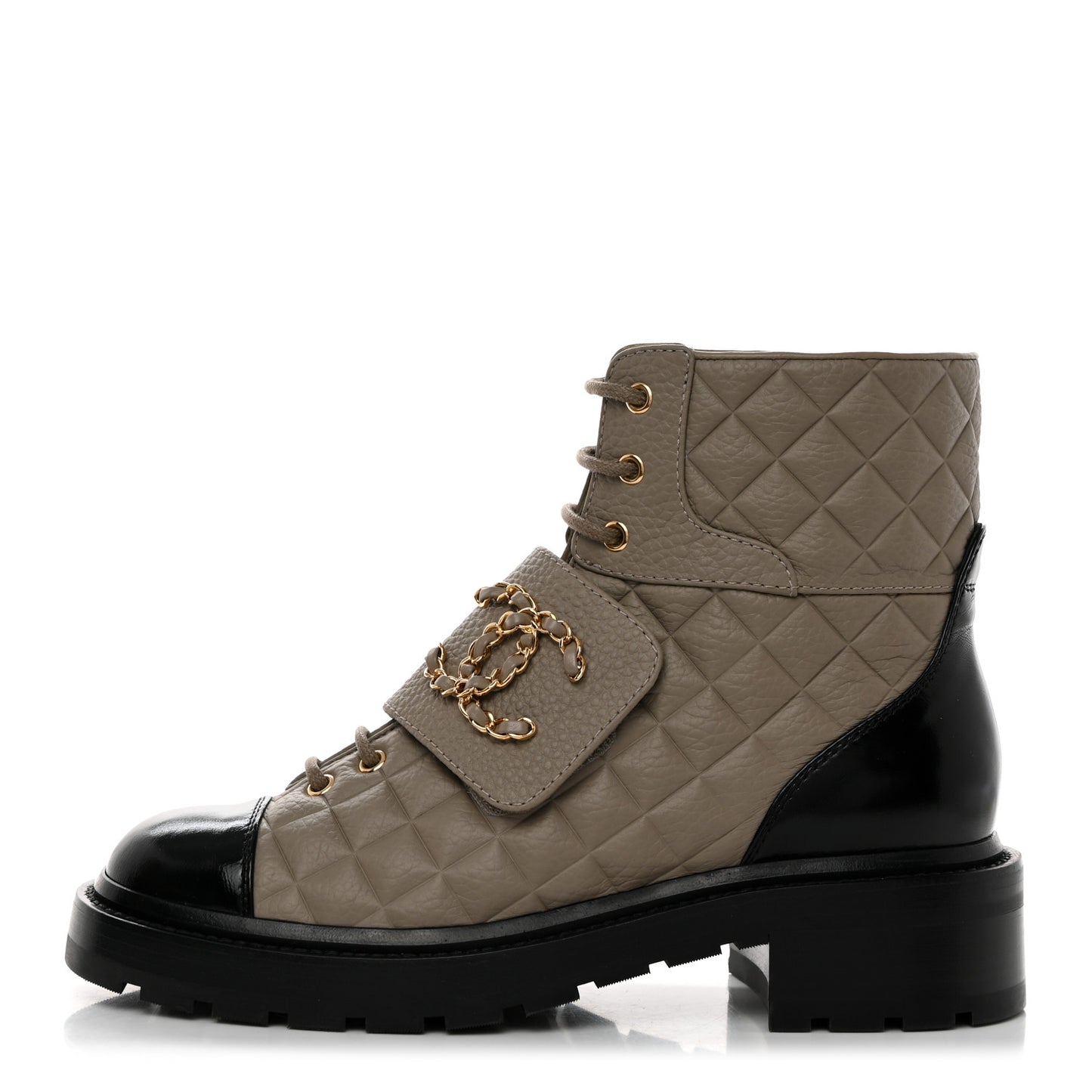 CHANEL  Calfskin Shiny Calfskin Quilted Lace Up Combat Boots  Dark Beige Black