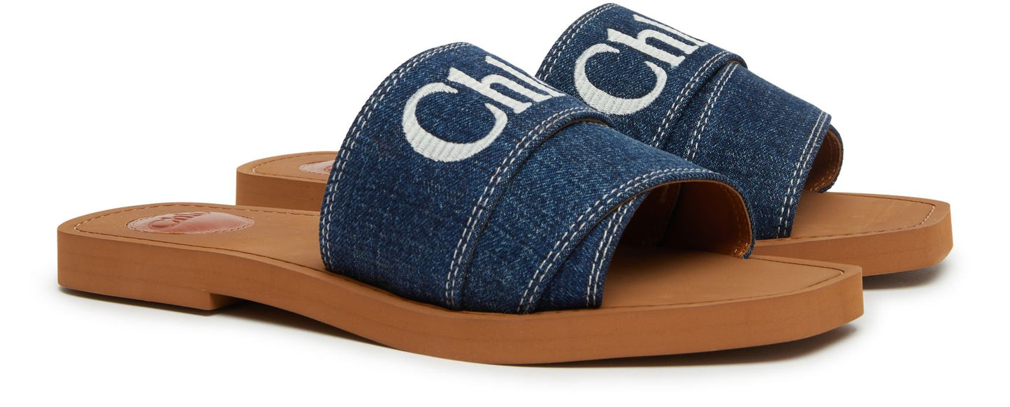 CHLOE Woody denim flat slides