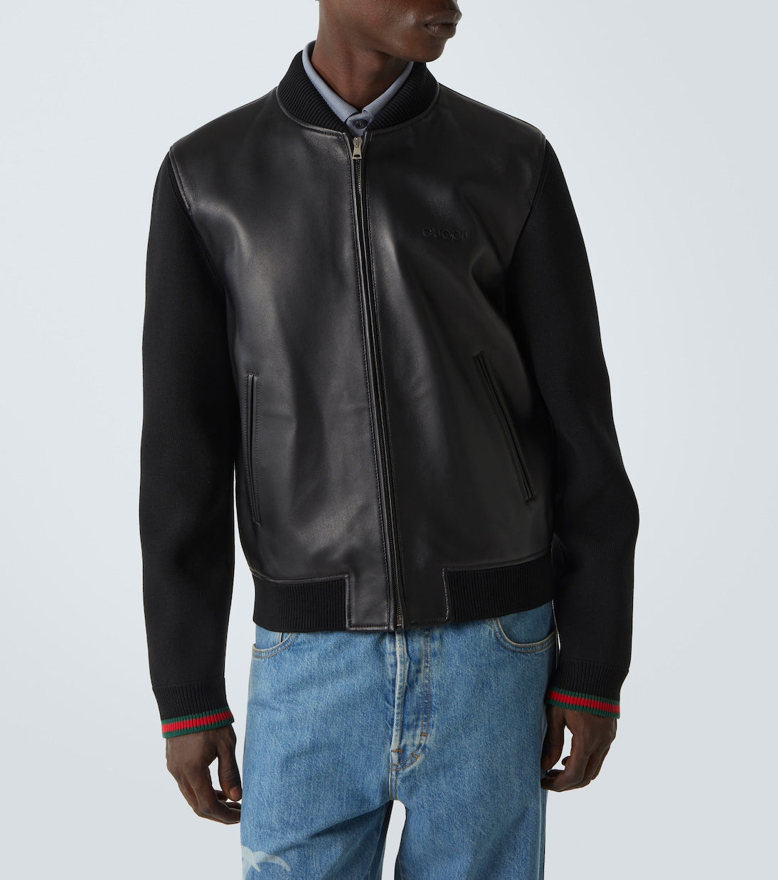 Gucci Web Stripe leather bomber jacket