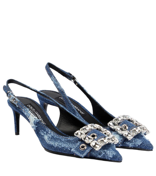 DOLCE&GABBANA Embellished denim slingback pumps