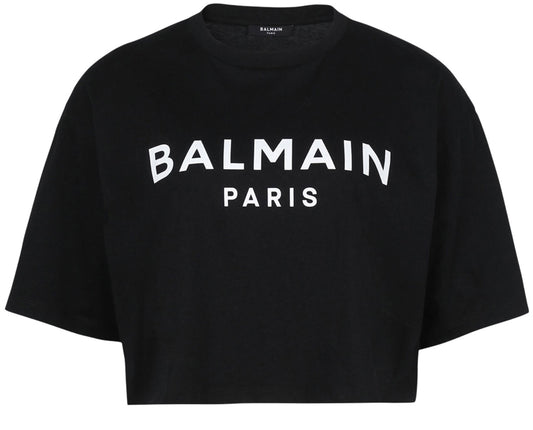 BALMAIN Eco-responsible cropped cotton T-shirt with Balmain logo print