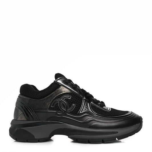 CHANEL Fabric Laminated Calfskin Stretch CC Black Sneakers