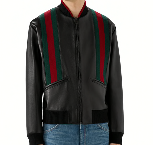 Gucci Lamb Web-Striped Leather Bomber Jacket