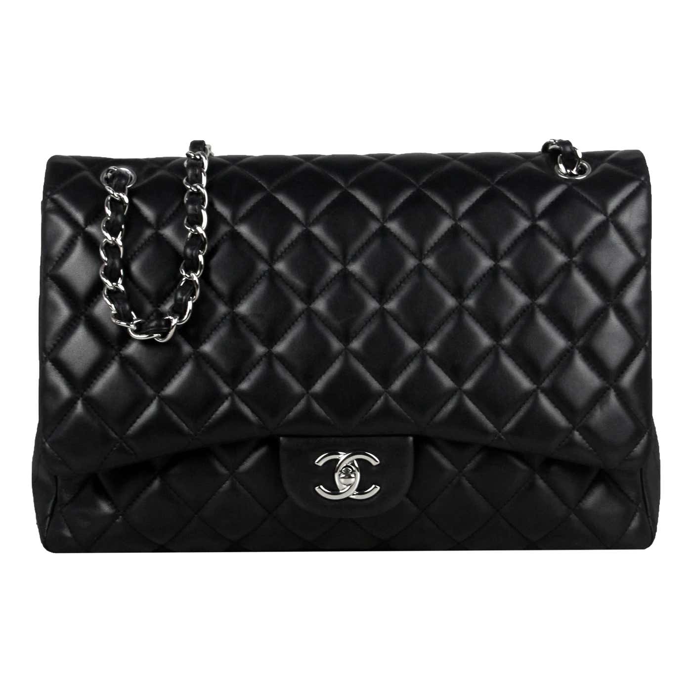 Chanel Black Lambskin Leather Quilted Double Flap Maxi Bag