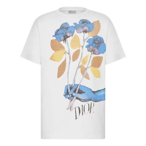 Hombre DIOR CAMISETA DE ALGODÓN COMPACTA CON LOGO ROSE DIOR Y ALEX FOXTON BLANCO