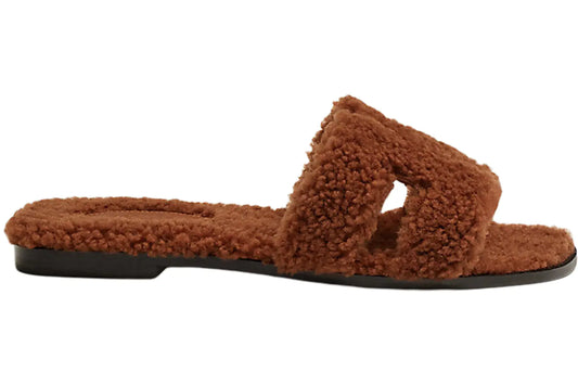 HERMES Woolskin Oran Sandals  Cognac