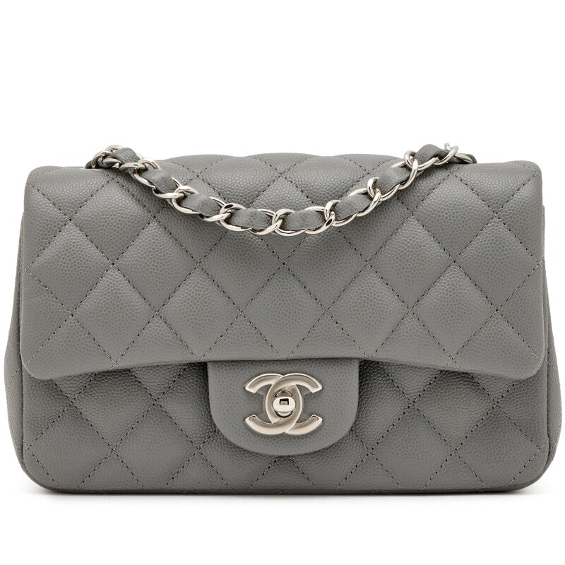 Chanel Grey Quilted Caviar Mini Classic Flap Silver Hardware Bag