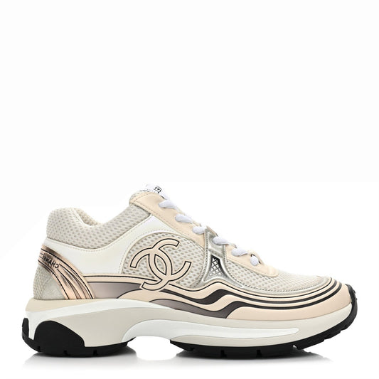 CHANEL Fabric Laminated Calfskin Stretch CC Ivory Silver Sneakers