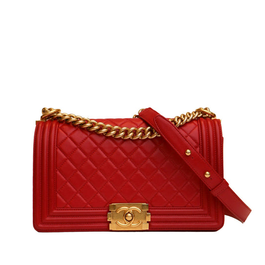 CHANEL Medium Boy Bag Red  Lambskin Gold Hardware