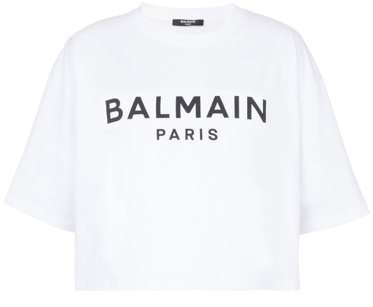 BALMAIN Eco-responsible cropped cotton T-shirt with Balmain logo print