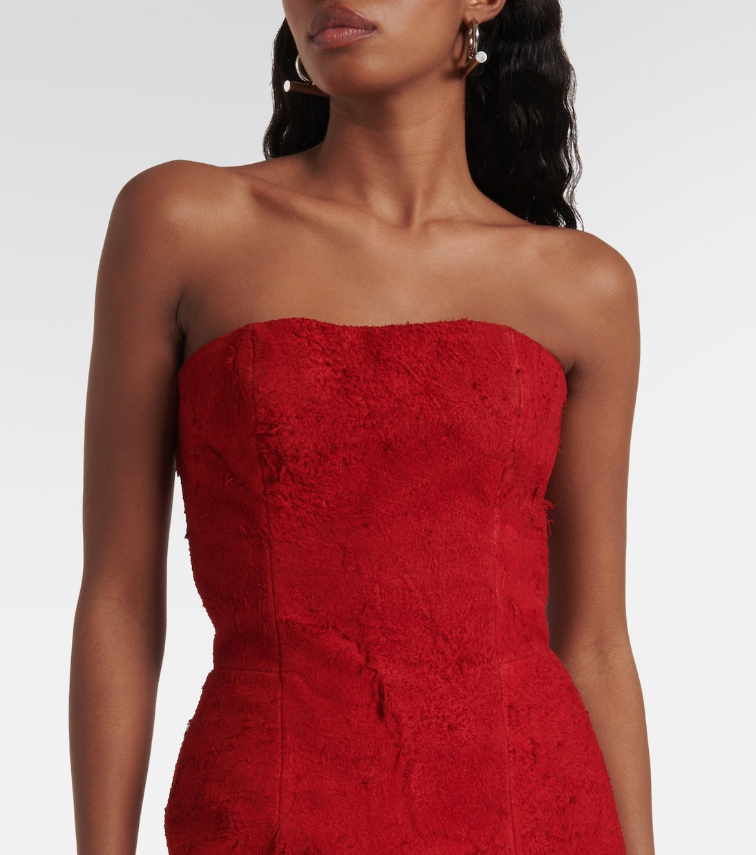 ALEXANDER MCQUEEN Distressed strapless suede midi dress