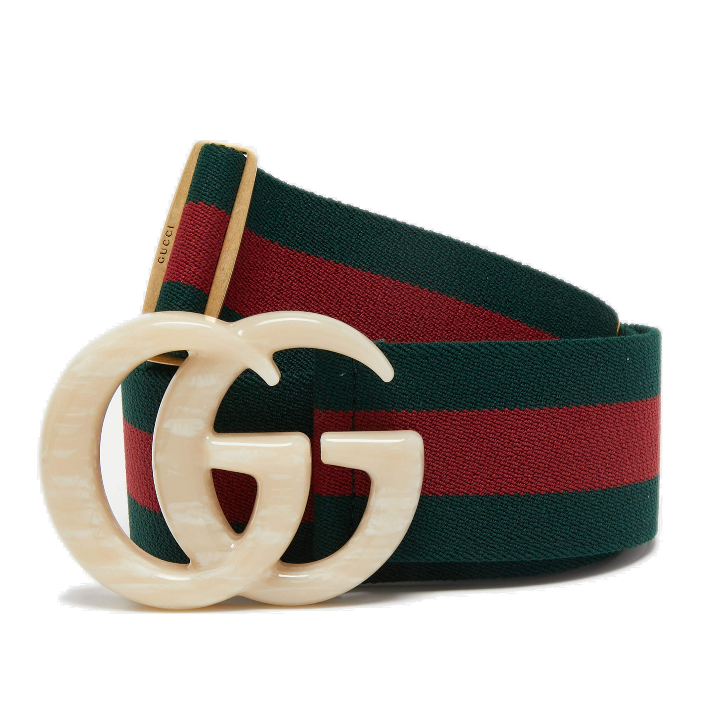 Gucci Green Web Elastic Fabric Marble Effect Double G Buckle Belt