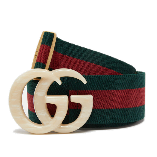 Gucci Green Web Elastic Fabric Marble Effect Double G Buckle Belt