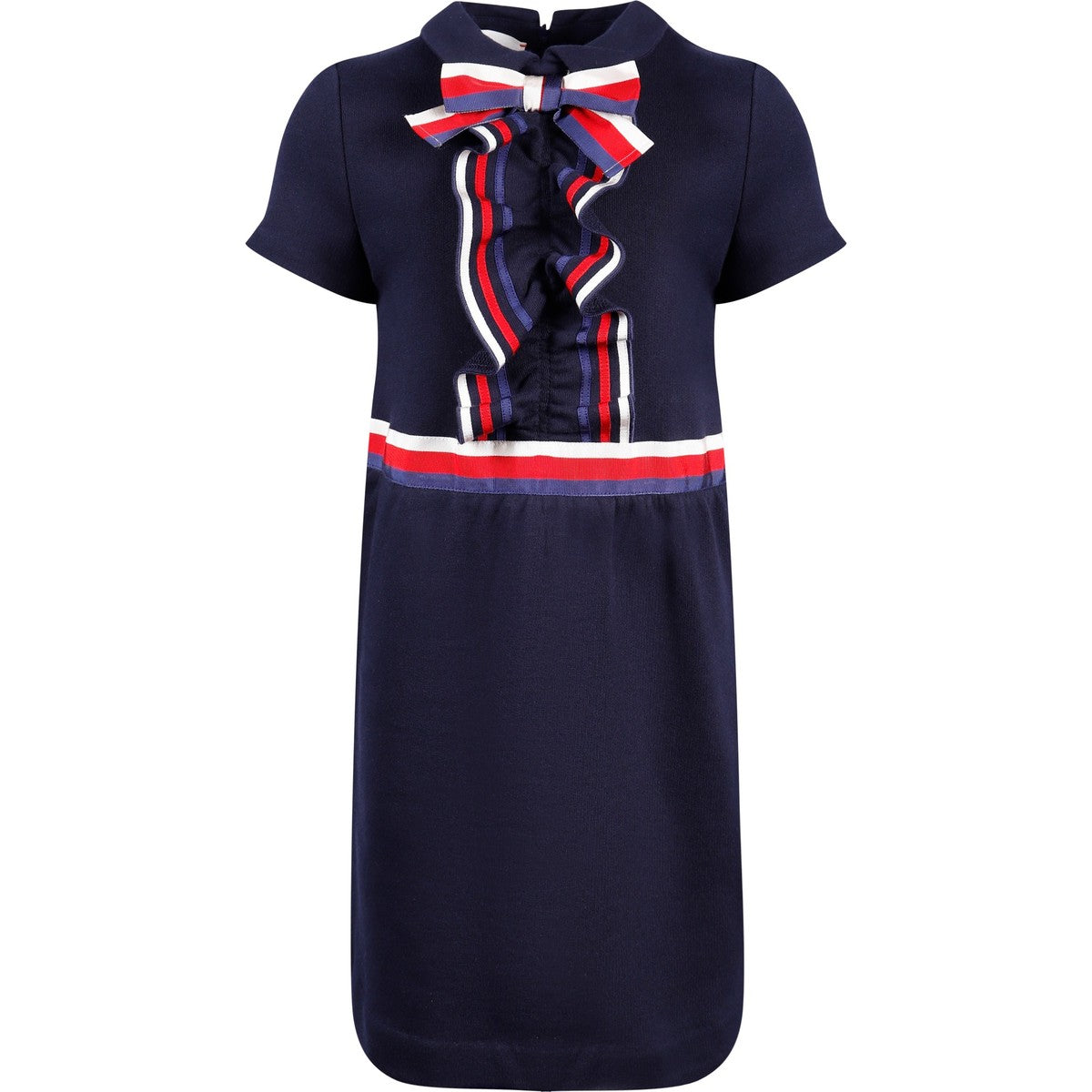 Girl GUCCI Tricolor Bow & Ruffle Dress in Navy