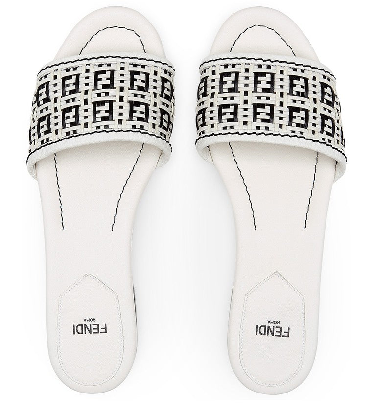 Fendi White New Ff Logo Monogram Interwoven Leather Slides Flats Slip-on Sandals