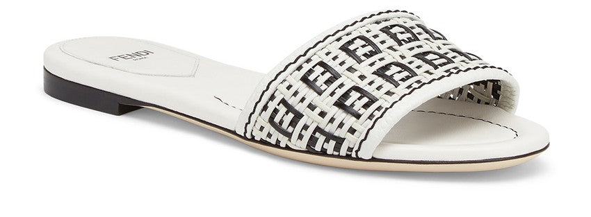 Fendi White New Ff Logo Monogram Interwoven Leather Slides Flats Slip-on Sandals