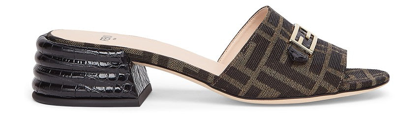 FENDI Brown fabric slides FF Flat  Mules