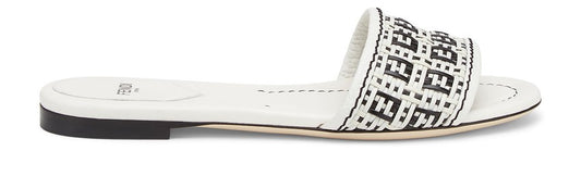 Fendi White New Ff Logo Monogram Interwoven Leather Slides Flats Slip-on Sandals