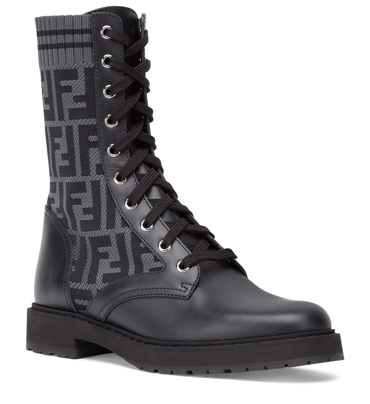 FENDI Black leather biker boots with stretch fabric