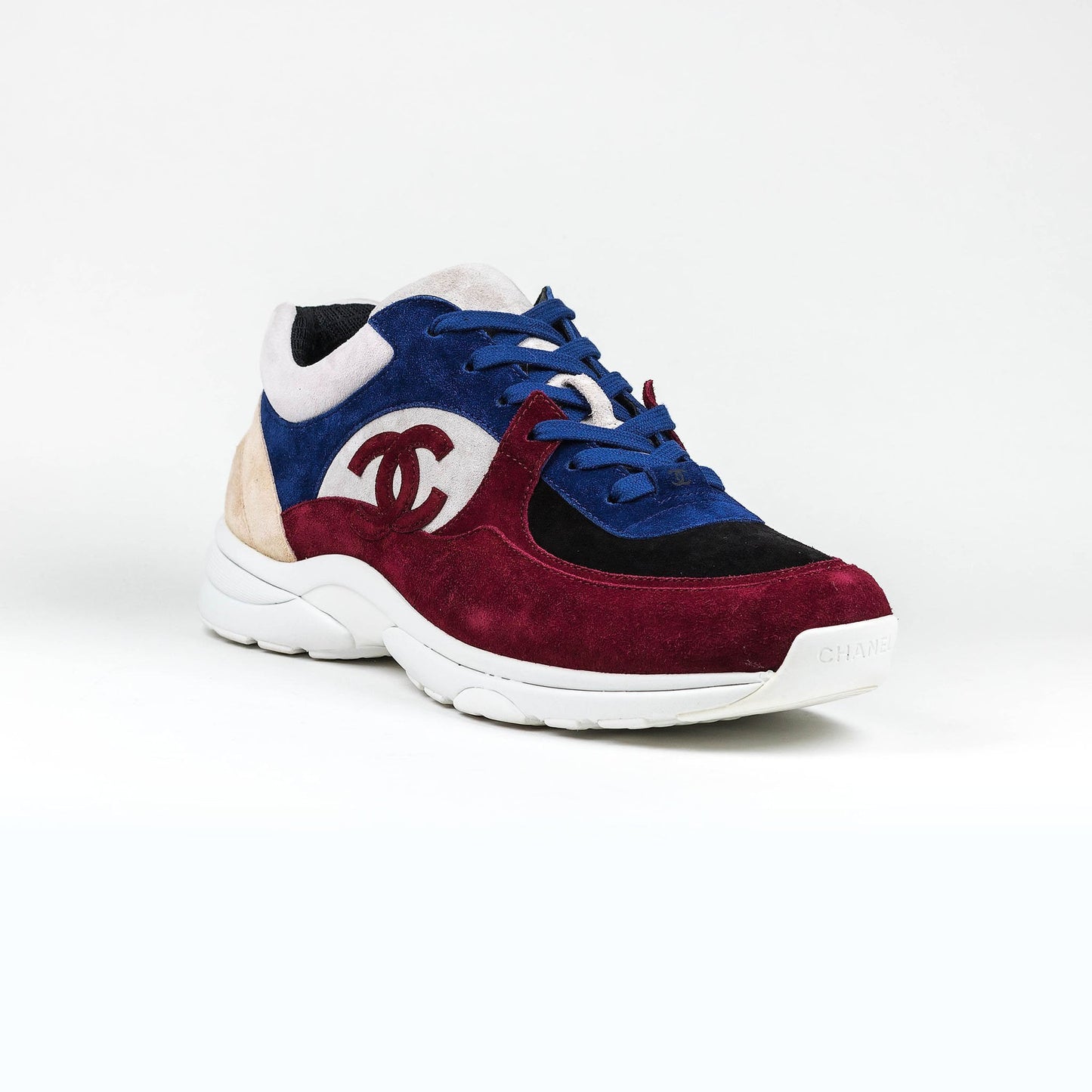 Men CHANEL CC LOGO BURGUNDY BLUE BEIGE SUEDE SNEAKER