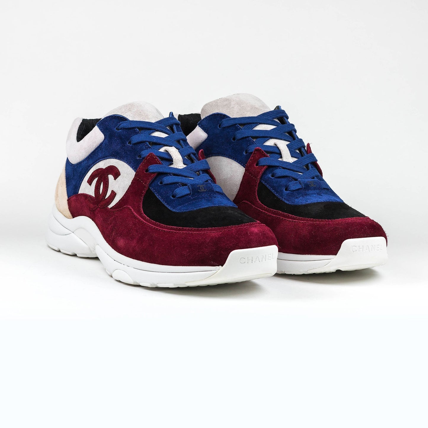 Men CHANEL CC LOGO BURGUNDY BLUE BEIGE SUEDE SNEAKER