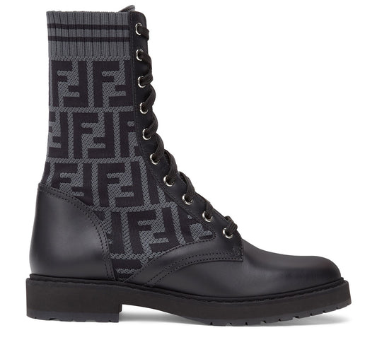 FENDI Black leather biker boots with stretch fabric