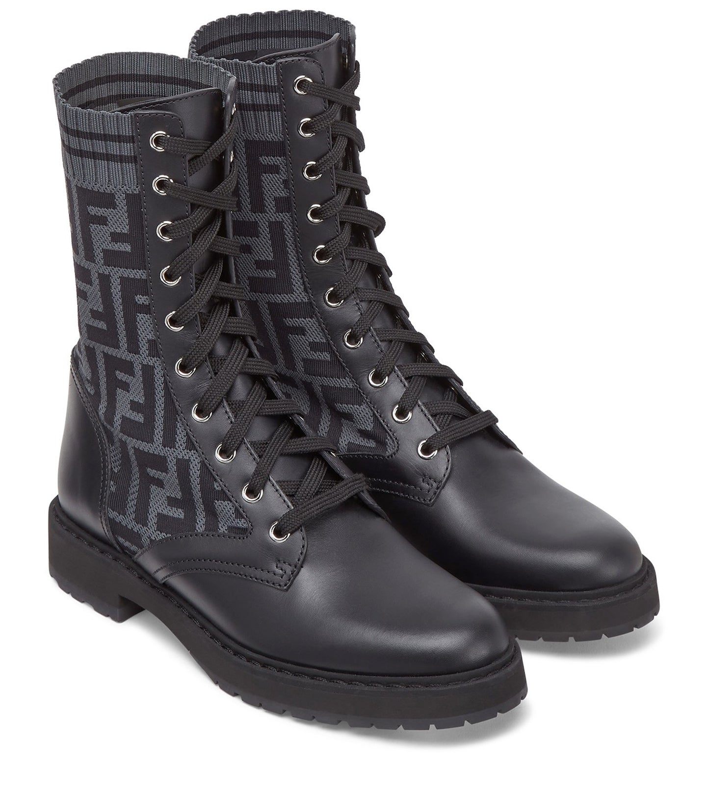 FENDI Black leather biker boots with stretch fabric