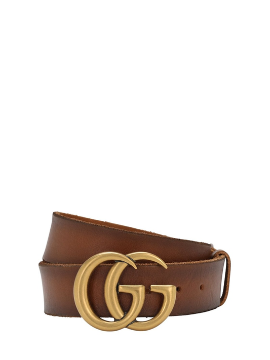 MEN  GUCCI 4CM GG GOLD BUCKLE LEATHER BELT