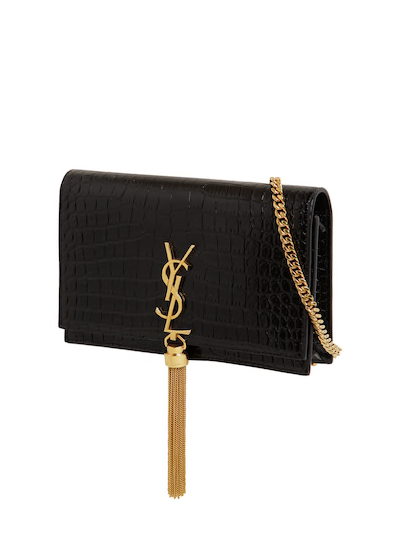 YSL Yves SAINT LAURENT KATE CROC EMBOSSED LEATHER CHAIN WALLET