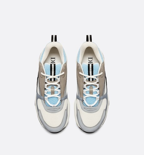 MEN DIOR B22 SNEAKER IN WHITE AND BLUE TECHNICAL MESH AND GRAY CALFSKIN
