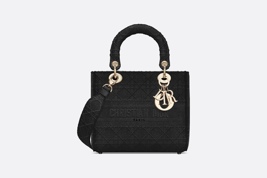 DIOR MEDIUM BLACK LADY D-LITE EMBROIDERED CANNAGE BAG