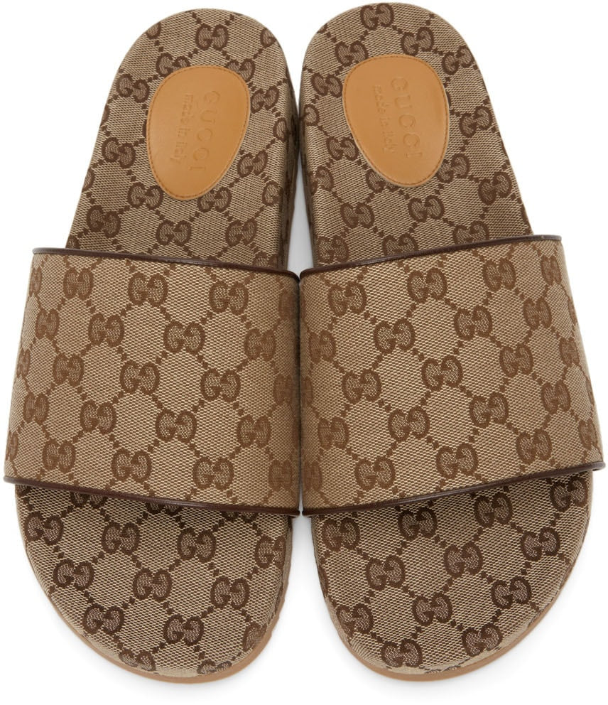 Sandalias deslizantes GG de lona beige de GUCCI